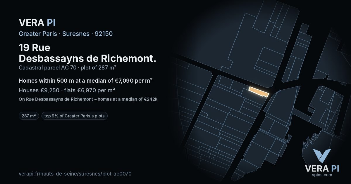 19 Rue Desbassayns de Richemont, Suresnes at night – the plot lit, the parcels around coloured by the prices near them