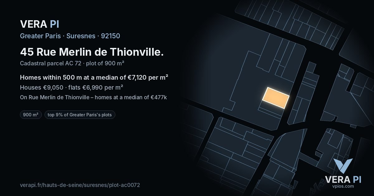 45 Rue Merlin de Thionville, Suresnes at night – the plot lit, the parcels around coloured by the prices near them
