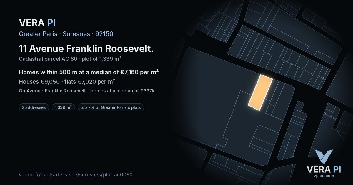 11 Avenue Franklin Roosevelt, Suresnes at night – the plot lit, the parcels around coloured by the prices near them