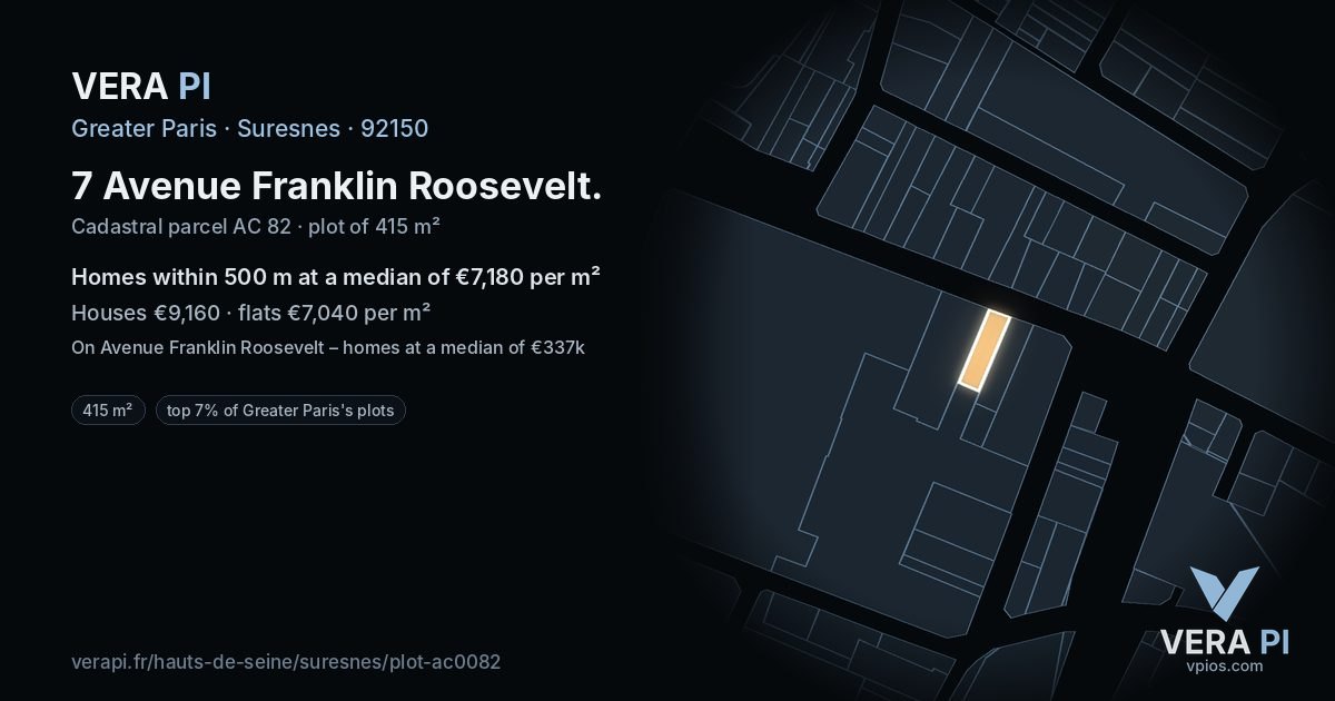7 Avenue Franklin Roosevelt, Suresnes at night – the plot lit, the parcels around coloured by the prices near them