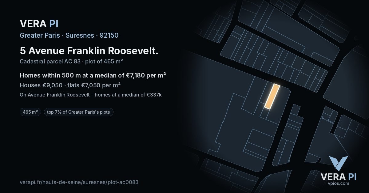 5 Avenue Franklin Roosevelt, Suresnes at night – the plot lit, the parcels around coloured by the prices near them