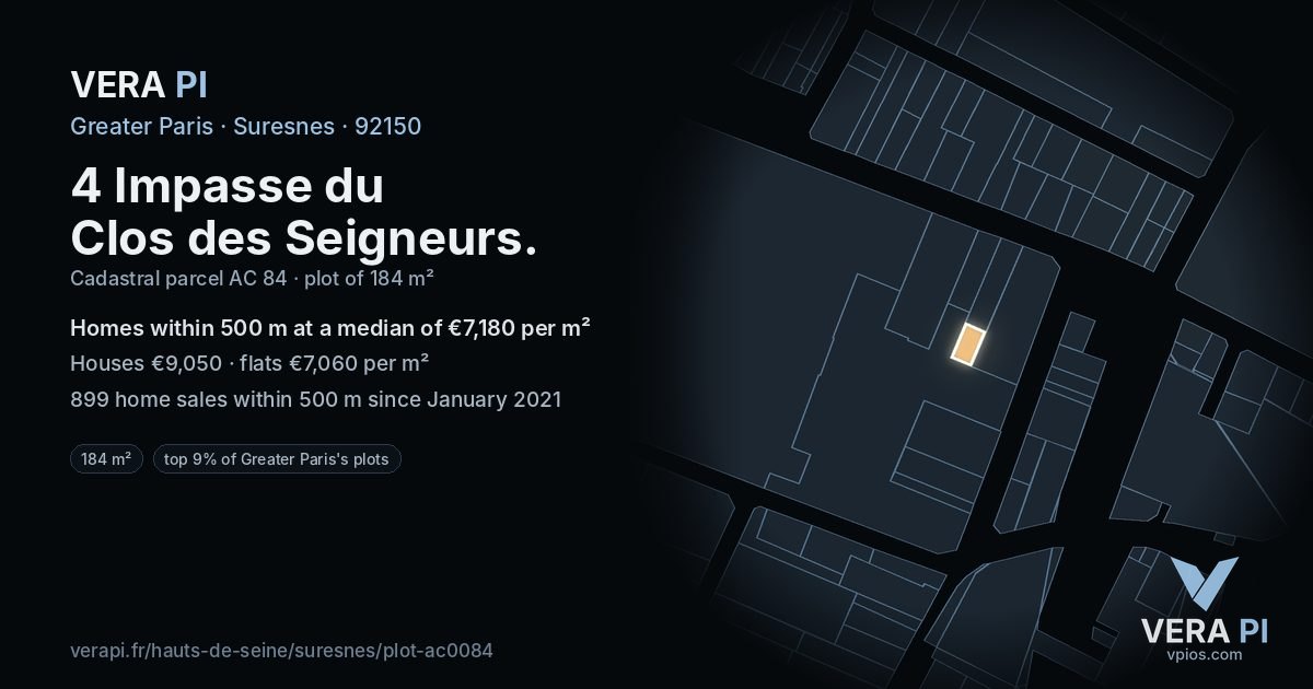 4 Impasse du Clos des Seigneurs, Suresnes at night – the plot lit, the parcels around coloured by the prices near them
