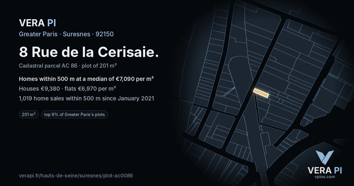 8 Rue de la Cerisaie, Suresnes at night – the plot lit, the parcels around coloured by the prices near them