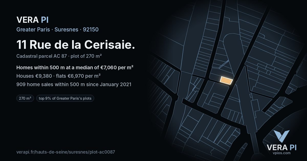 11 Rue de la Cerisaie, Suresnes at night – the plot lit, the parcels around coloured by the prices near them