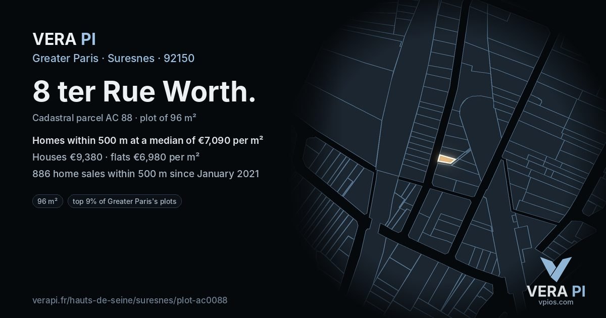8 ter Rue Worth, Suresnes at night – the plot lit, the parcels around coloured by the prices near them