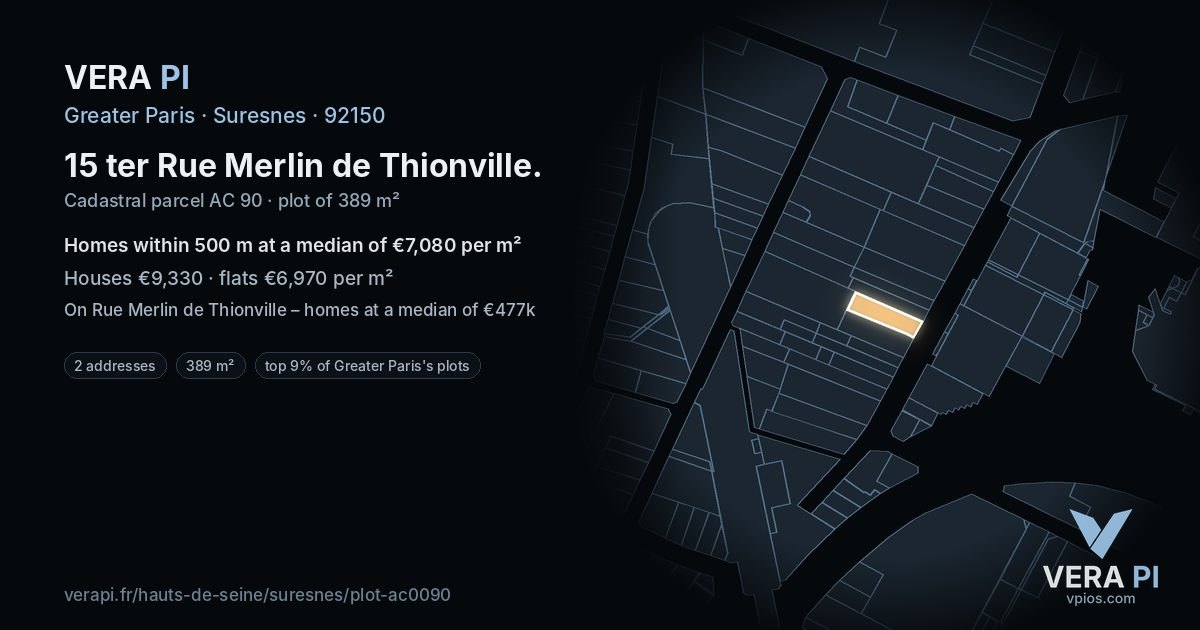 15 ter Rue Merlin de Thionville, Suresnes at night – the plot lit, the parcels around coloured by the prices near them
