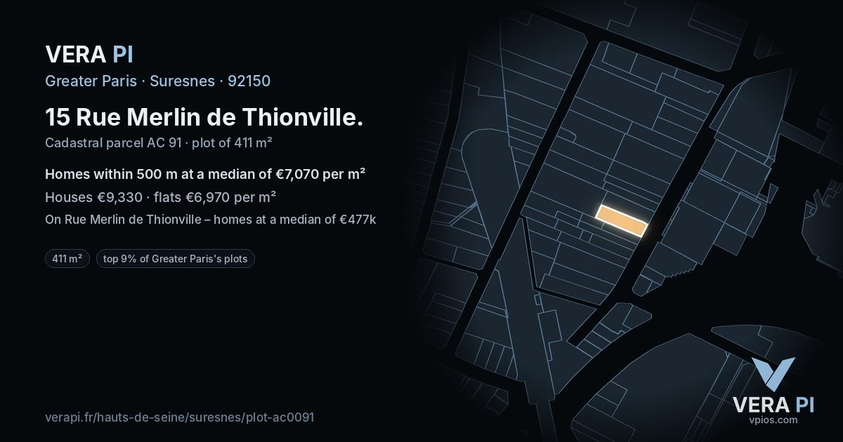 15 Rue Merlin de Thionville, Suresnes at night – the plot lit, the parcels around coloured by the prices near them
