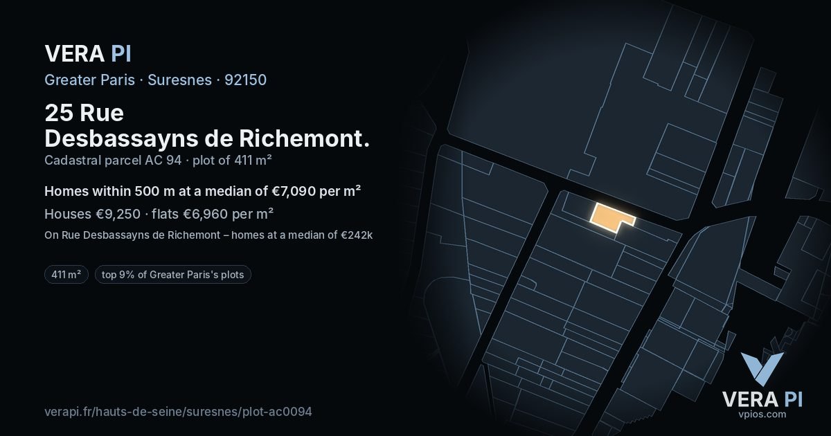 25 Rue Desbassayns de Richemont, Suresnes at night – the plot lit, the parcels around coloured by the prices near them