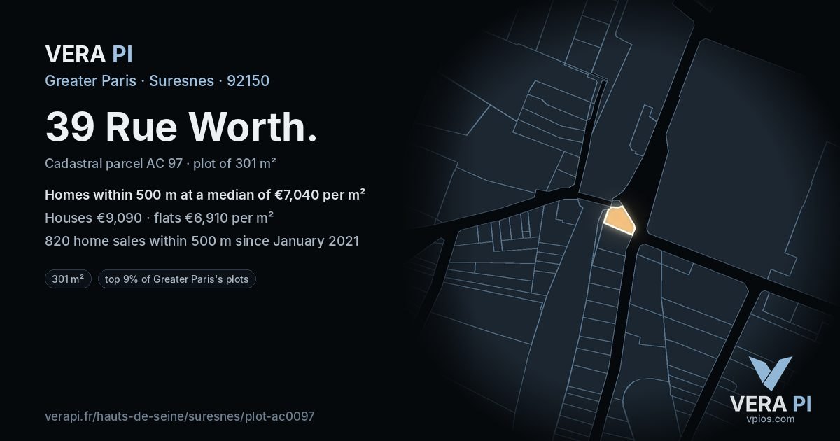 39 Rue Worth, Suresnes at night – the plot lit, the parcels around coloured by the prices near them