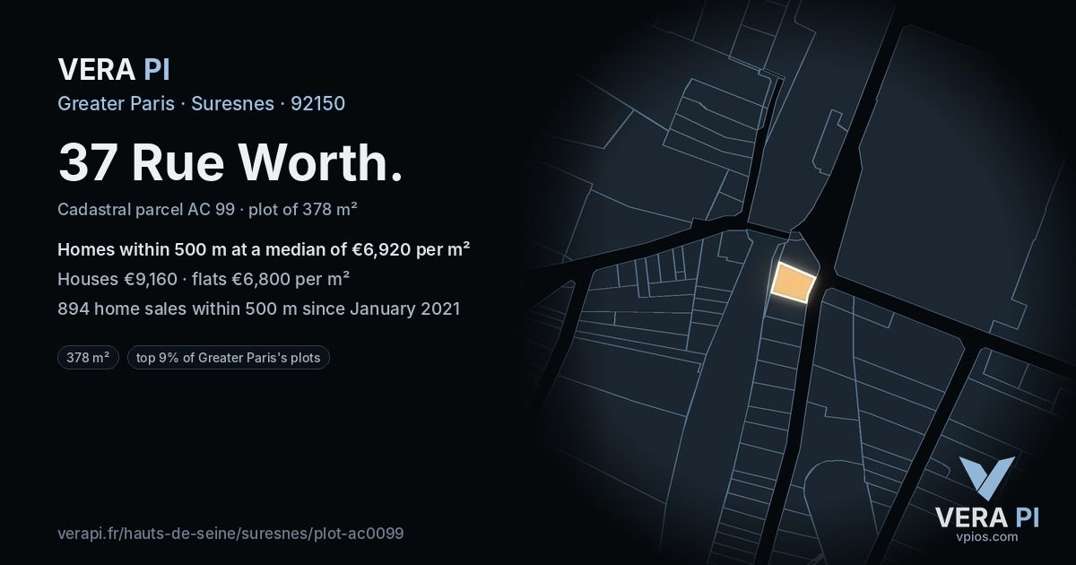 37 Rue Worth, Suresnes at night – the plot lit, the parcels around coloured by the prices near them