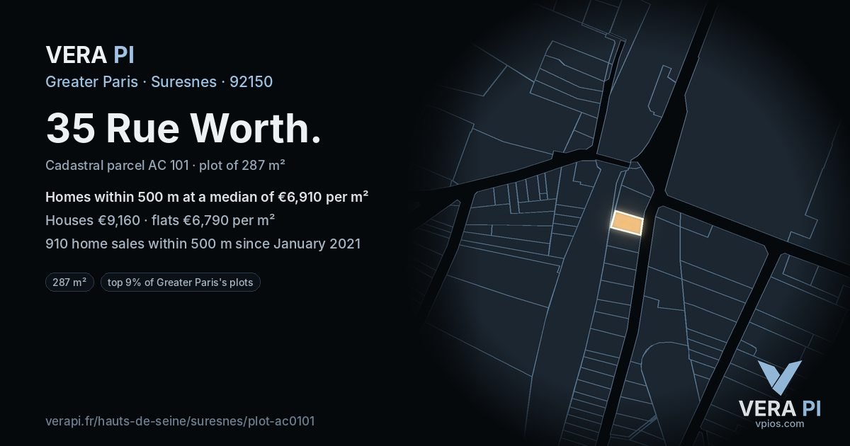 35 Rue Worth, Suresnes at night – the plot lit, the parcels around coloured by the prices near them