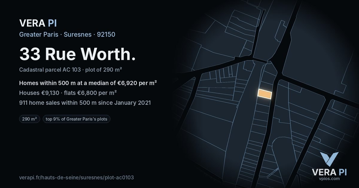 33 Rue Worth, Suresnes at night – the plot lit, the parcels around coloured by the prices near them