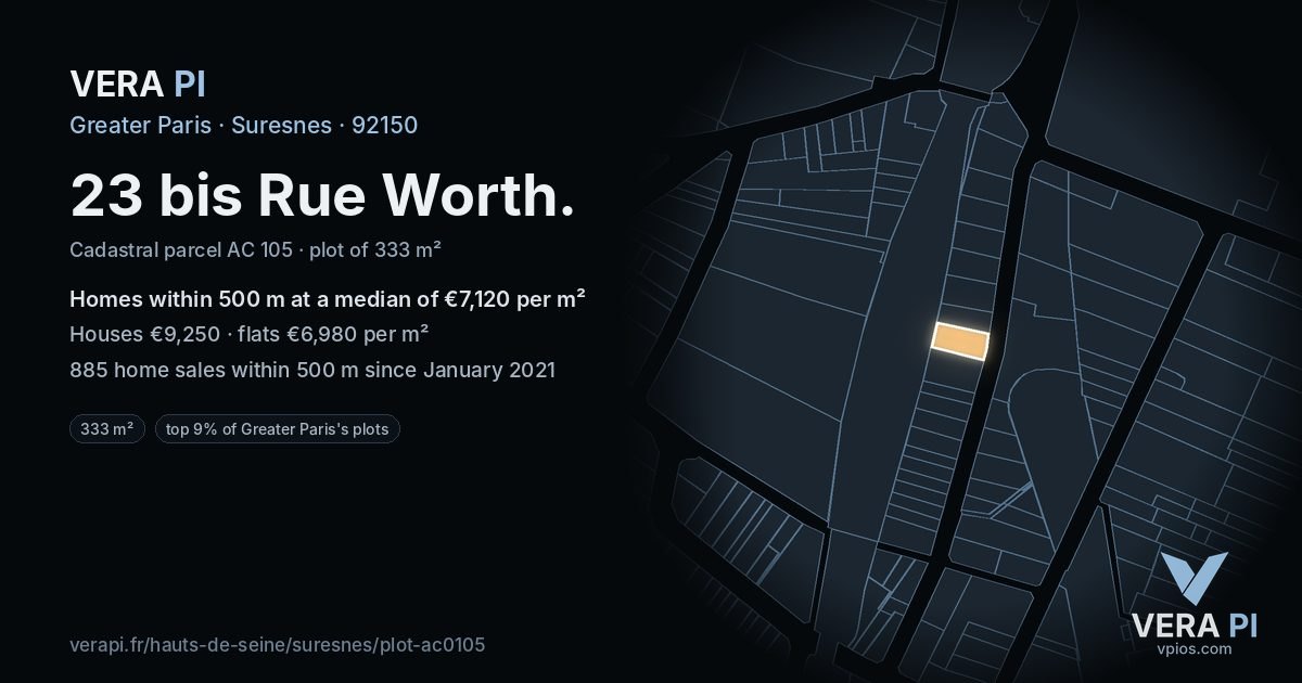 23 bis Rue Worth, Suresnes at night – the plot lit, the parcels around coloured by the prices near them