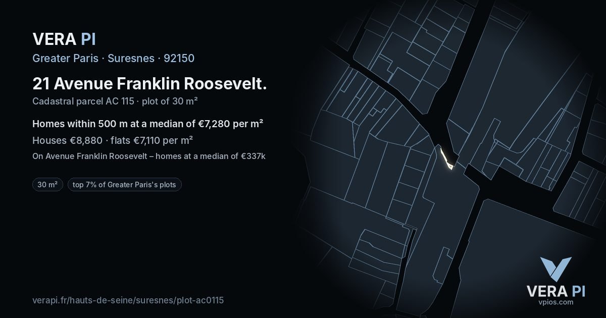 21 Avenue Franklin Roosevelt, Suresnes at night – the plot lit, the parcels around coloured by the prices near them