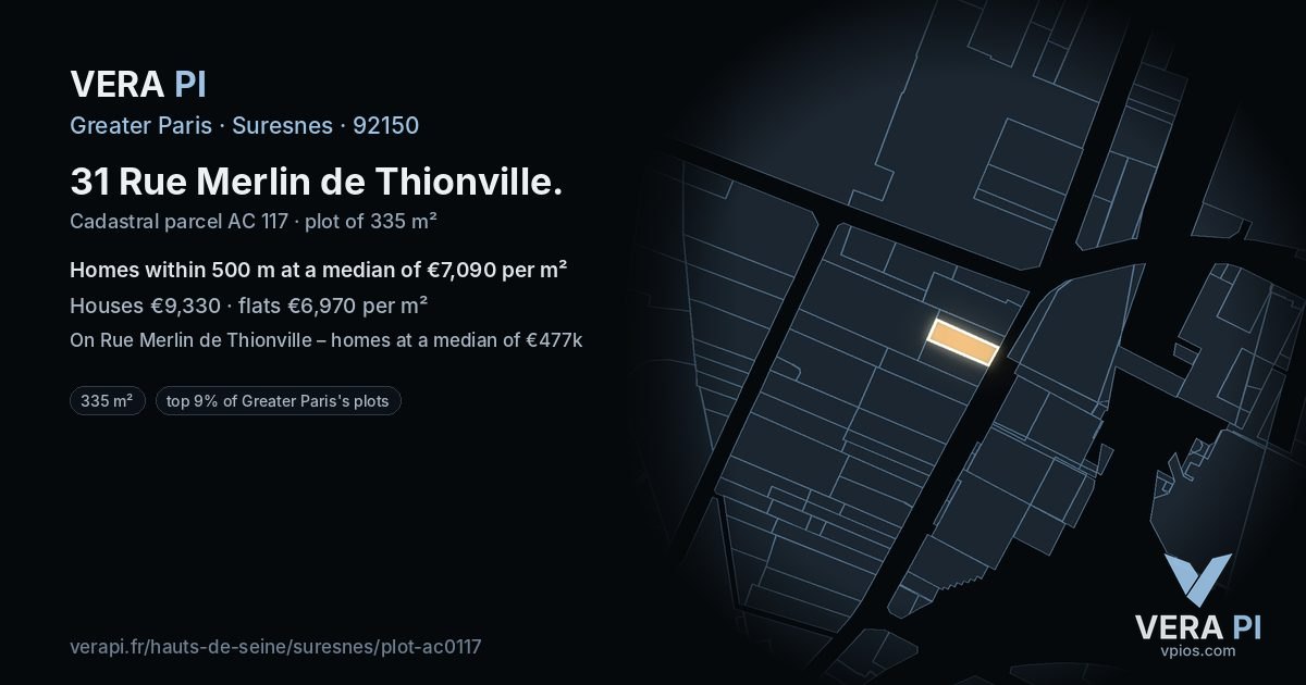 31 Rue Merlin de Thionville, Suresnes at night – the plot lit, the parcels around coloured by the prices near them