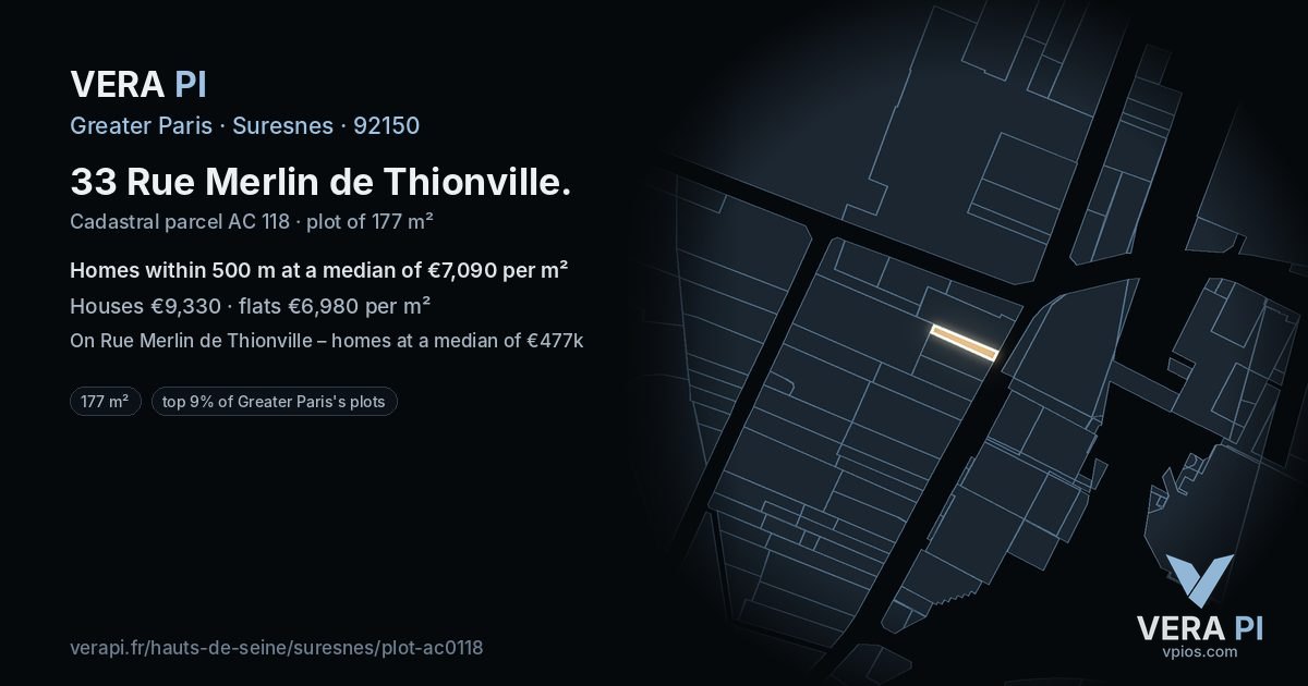 33 Rue Merlin de Thionville, Suresnes at night – the plot lit, the parcels around coloured by the prices near them