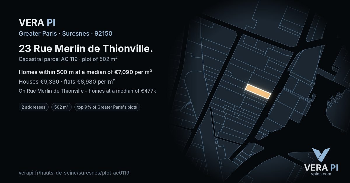 23 Rue Merlin de Thionville, Suresnes at night – the plot lit, the parcels around coloured by the prices near them