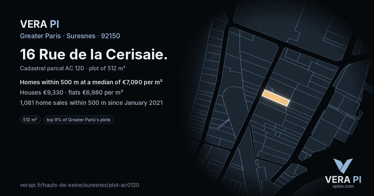 16 Rue de la Cerisaie, Suresnes at night – the plot lit, the parcels around coloured by the prices near them