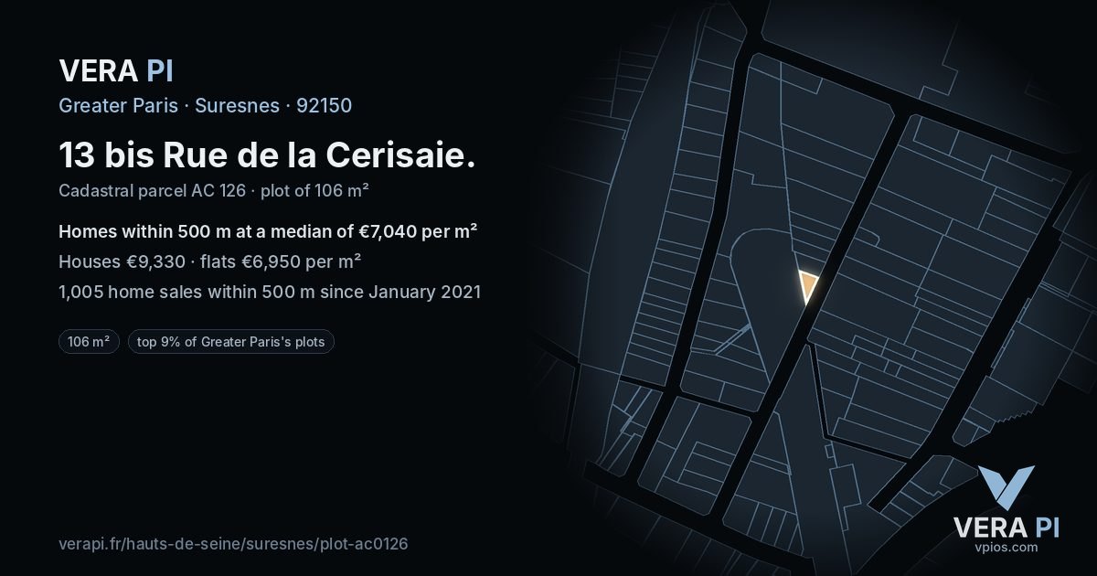 13 bis Rue de la Cerisaie, Suresnes at night – the plot lit, the parcels around coloured by the prices near them