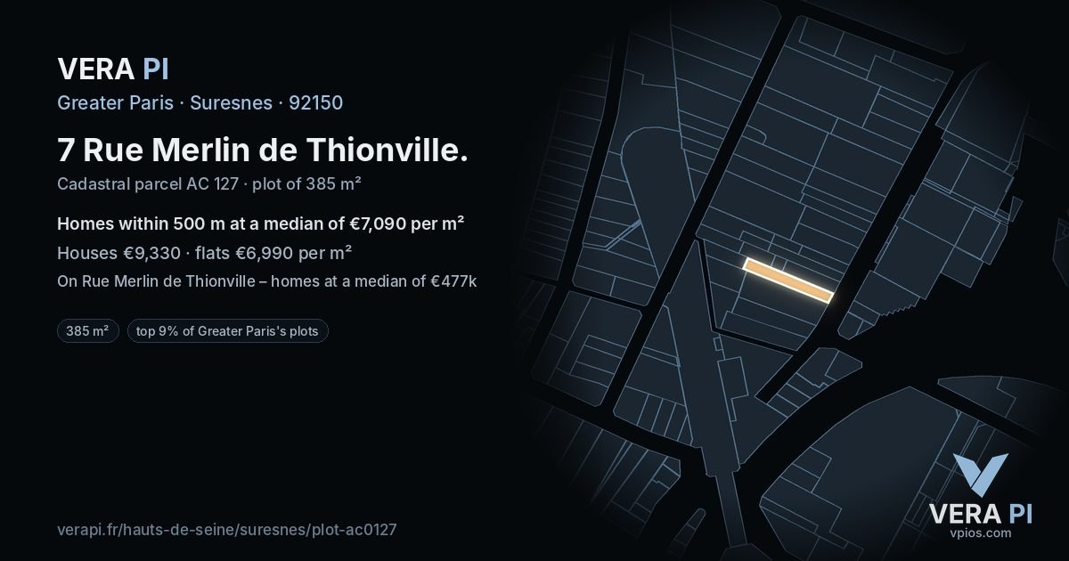 7 Rue Merlin de Thionville, Suresnes at night – the plot lit, the parcels around coloured by the prices near them