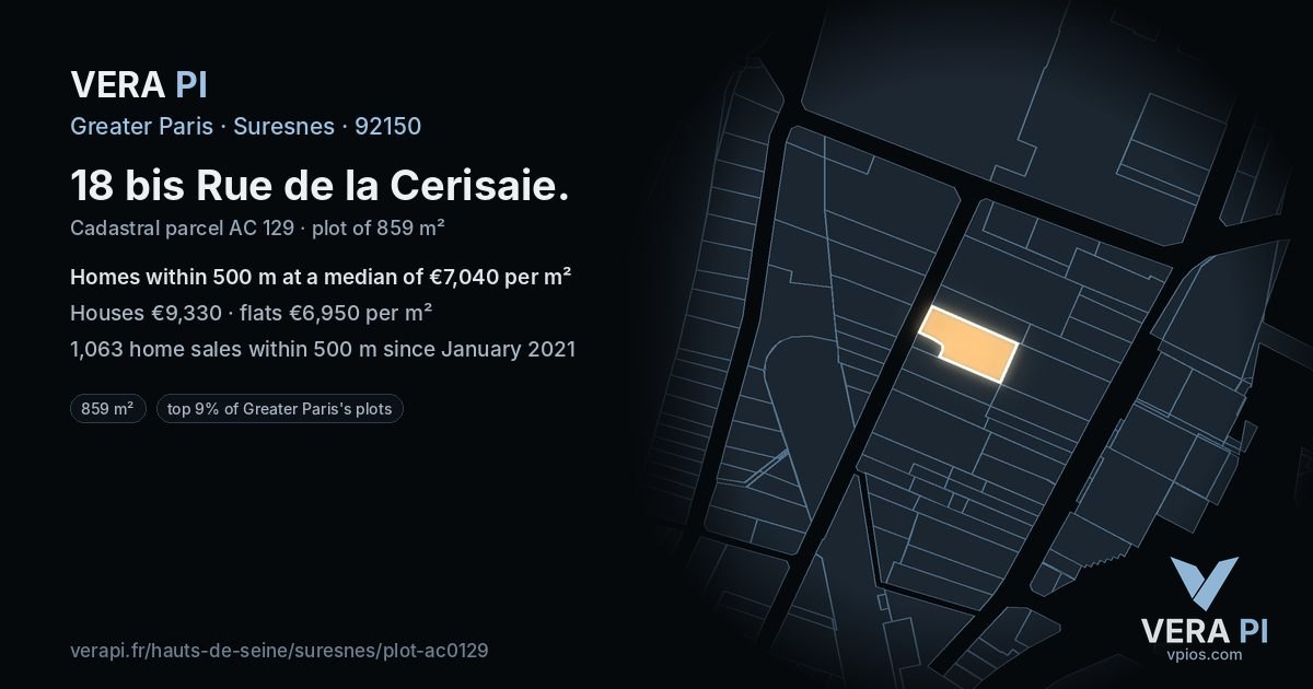 18 bis Rue de la Cerisaie, Suresnes at night – the plot lit, the parcels around coloured by the prices near them