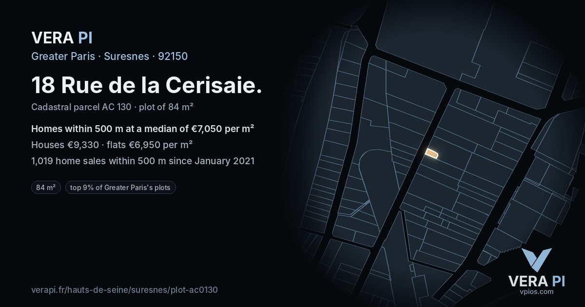 18 Rue de la Cerisaie, Suresnes at night – the plot lit, the parcels around coloured by the prices near them