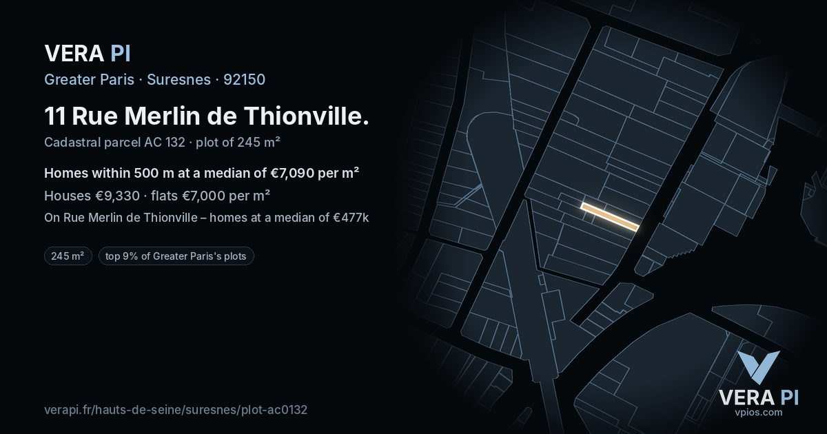 11 Rue Merlin de Thionville, Suresnes at night – the plot lit, the parcels around coloured by the prices near them