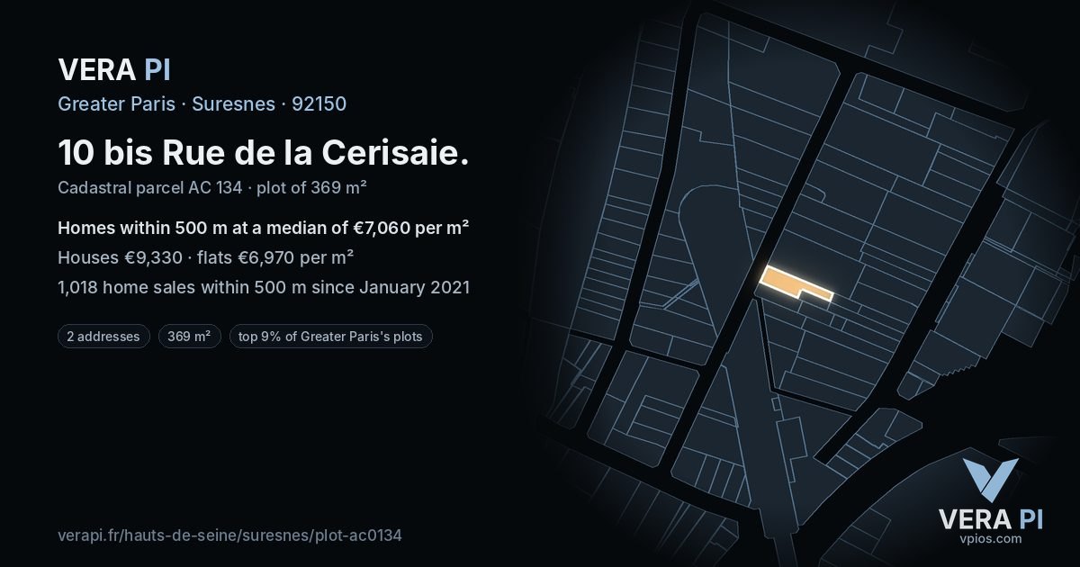 10 bis Rue de la Cerisaie, Suresnes at night – the plot lit, the parcels around coloured by the prices near them