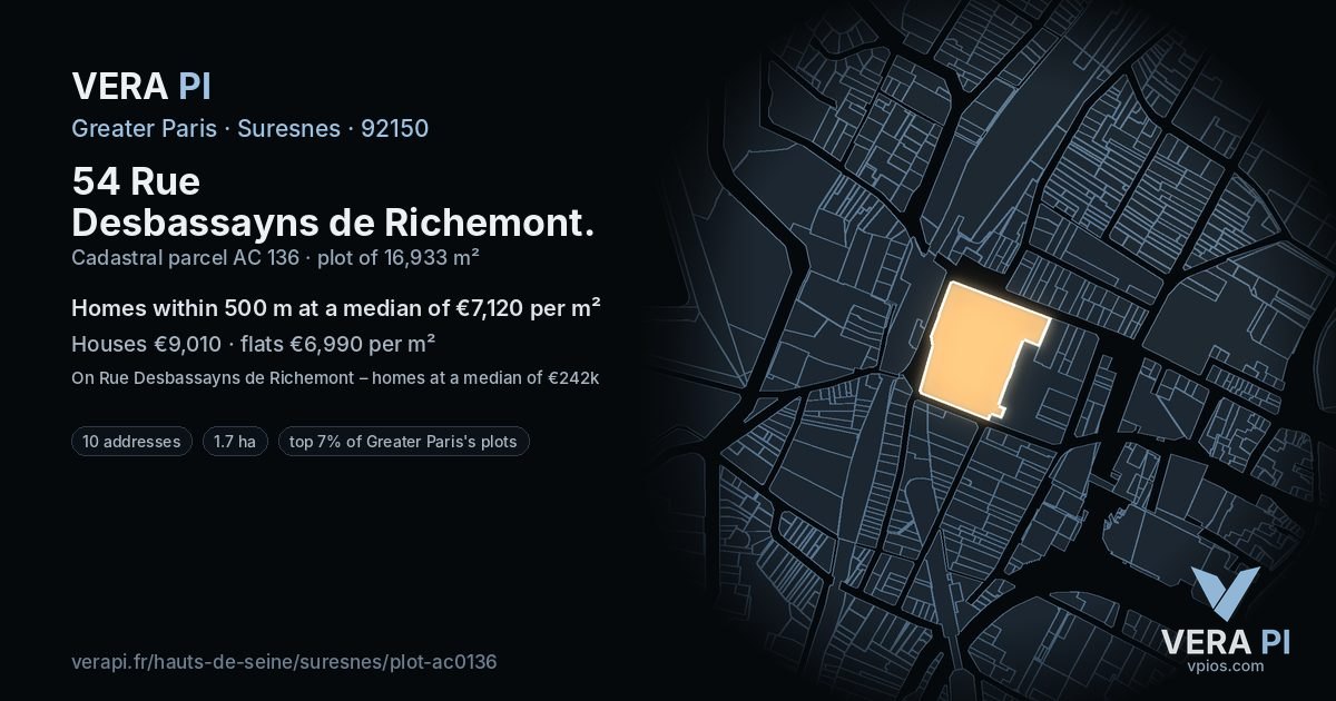 54 Rue Desbassayns de Richemont, Suresnes at night – the plot lit, the parcels around coloured by the prices near them