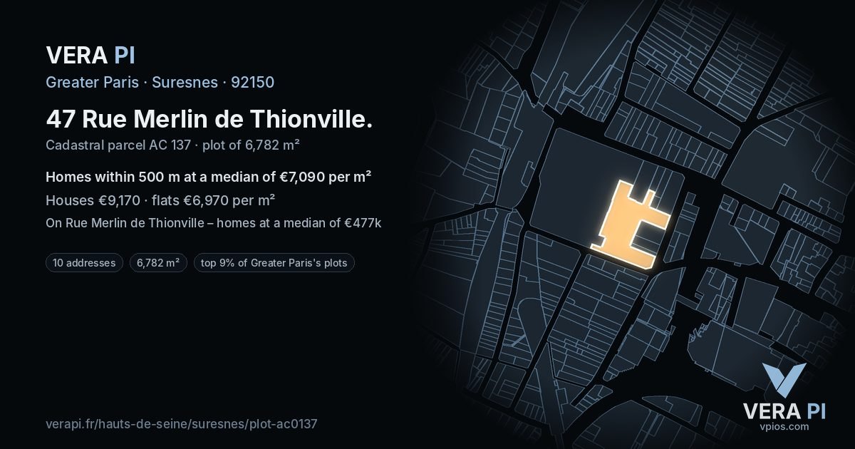 47 Rue Merlin de Thionville, Suresnes at night – the plot lit, the parcels around coloured by the prices near them