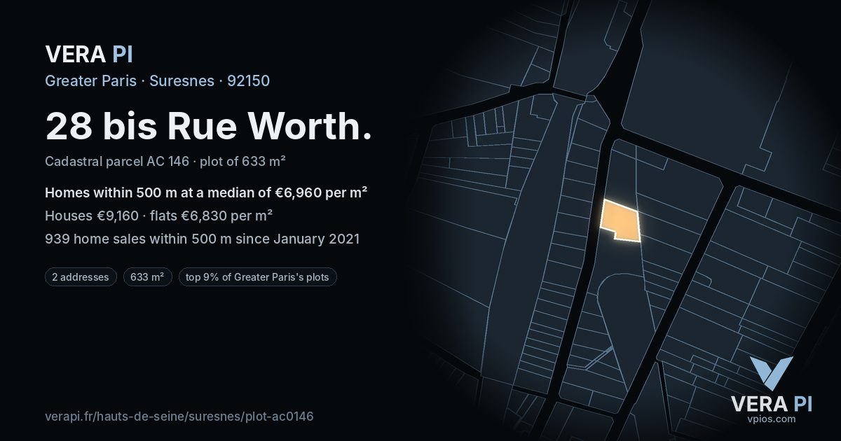 28 bis Rue Worth, Suresnes at night – the plot lit, the parcels around coloured by the prices near them