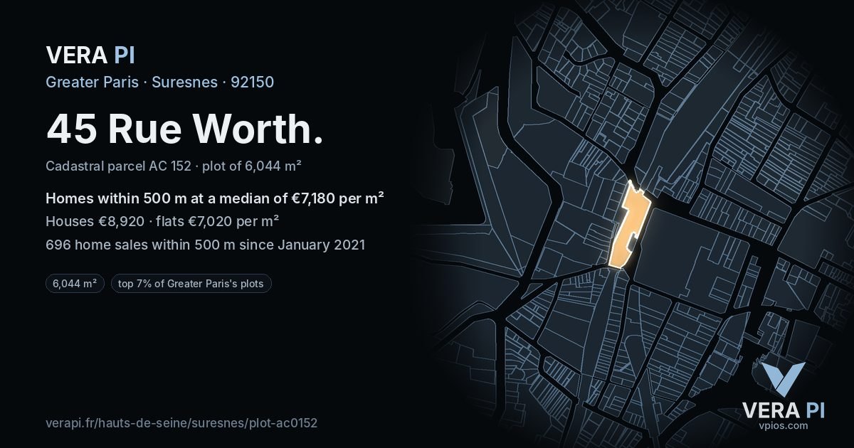 45 Rue Worth, Suresnes at night – the plot lit, the parcels around coloured by the prices near them