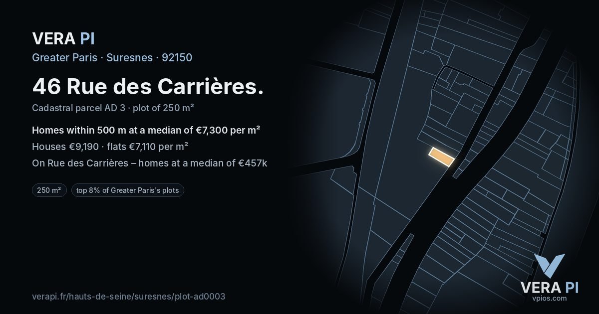 46 Rue des Carrières, Suresnes at night – the plot lit, the parcels around coloured by the prices near them