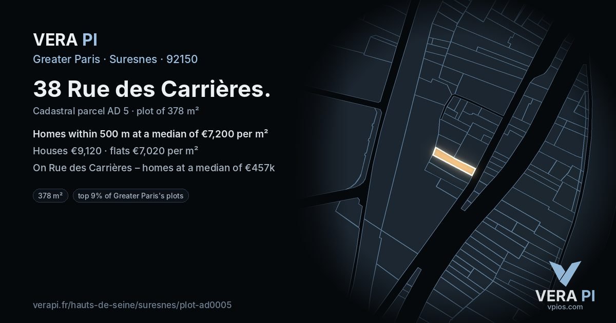 38 Rue des Carrières, Suresnes at night – the plot lit, the parcels around coloured by the prices near them