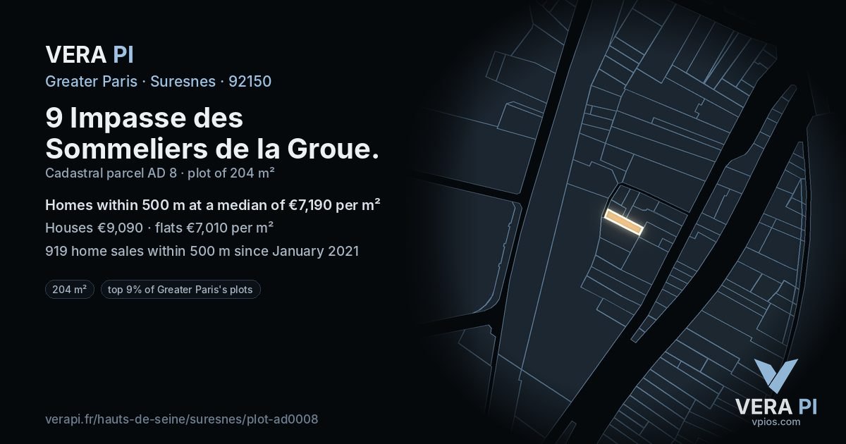 9 Impasse des Sommeliers de la Groue, Suresnes at night – the plot lit, the parcels around coloured by the prices near them