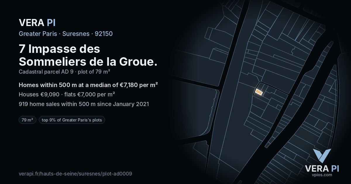 7 Impasse des Sommeliers de la Groue, Suresnes at night – the plot lit, the parcels around coloured by the prices near them