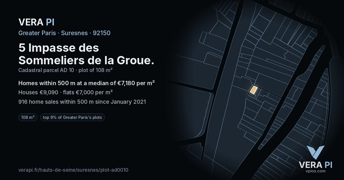 5 Impasse des Sommeliers de la Groue, Suresnes at night – the plot lit, the parcels around coloured by the prices near them