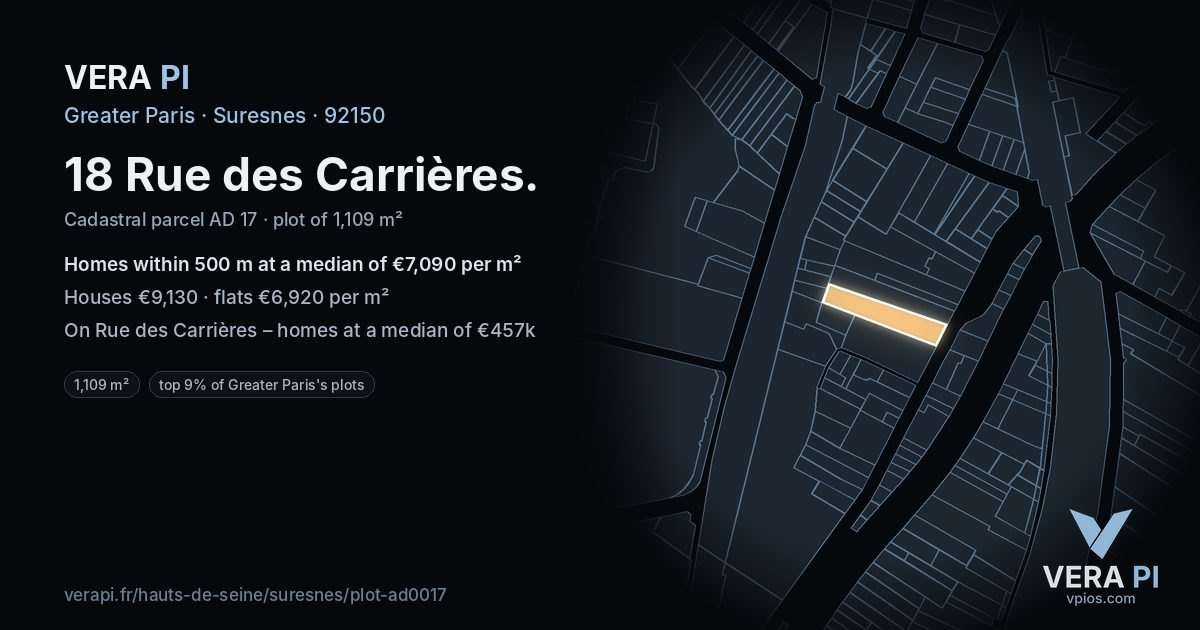 18 Rue des Carrières, Suresnes at night – the plot lit, the parcels around coloured by the prices near them
