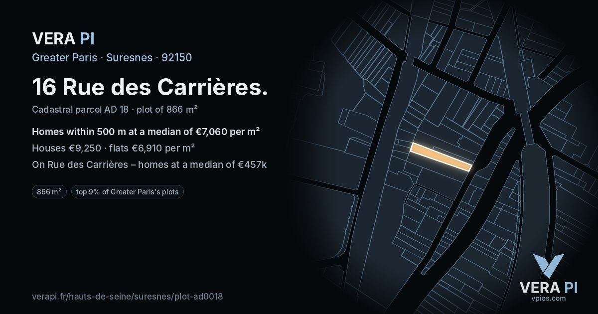 16 Rue des Carrières, Suresnes at night – the plot lit, the parcels around coloured by the prices near them