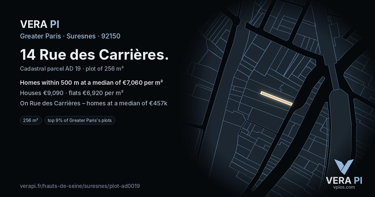 14 Rue des Carrières, Suresnes at night – the plot lit, the parcels around coloured by the prices near them