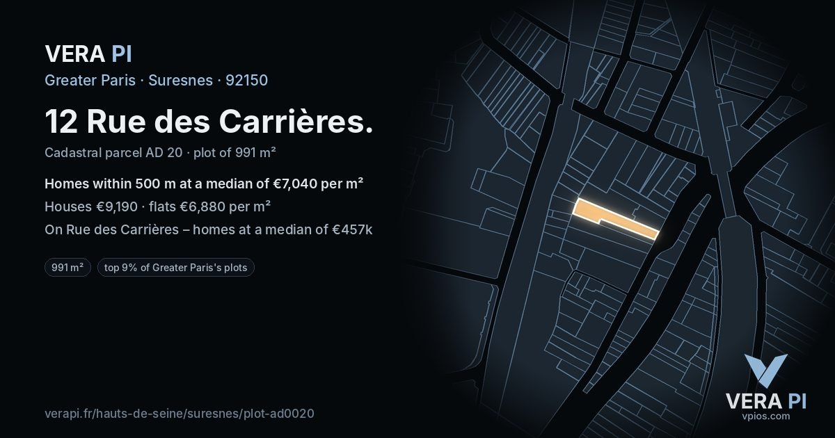 12 Rue des Carrières, Suresnes at night – the plot lit, the parcels around coloured by the prices near them
