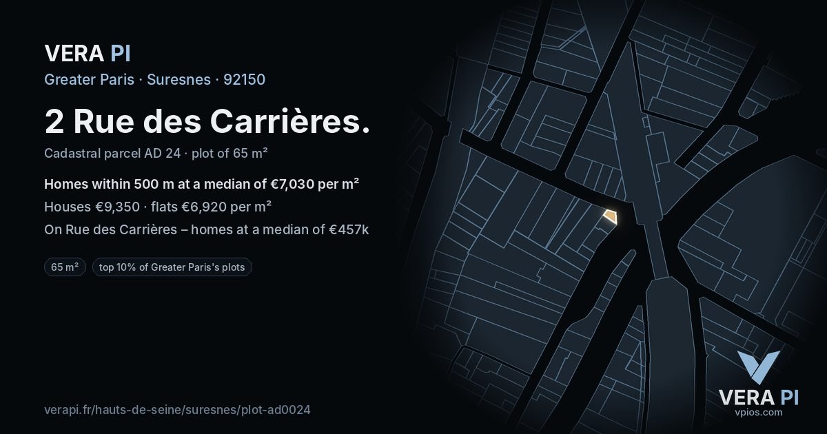 2 Rue des Carrières, Suresnes at night – the plot lit, the parcels around coloured by the prices near them