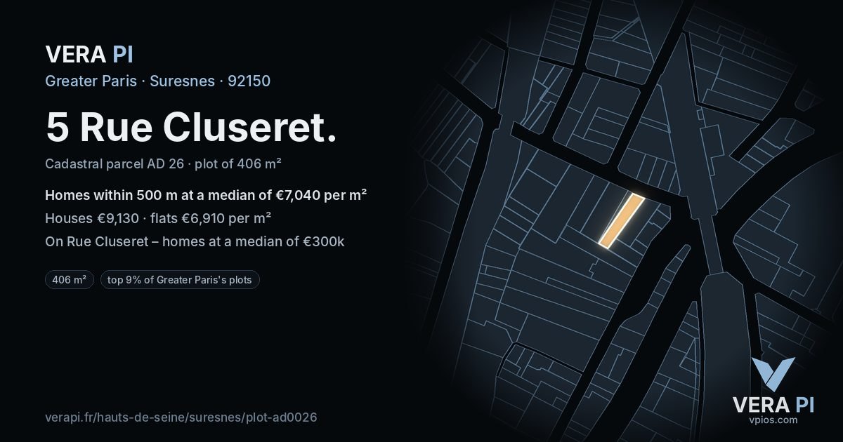 5 Rue Cluseret, Suresnes at night – the plot lit, the parcels around coloured by the prices near them