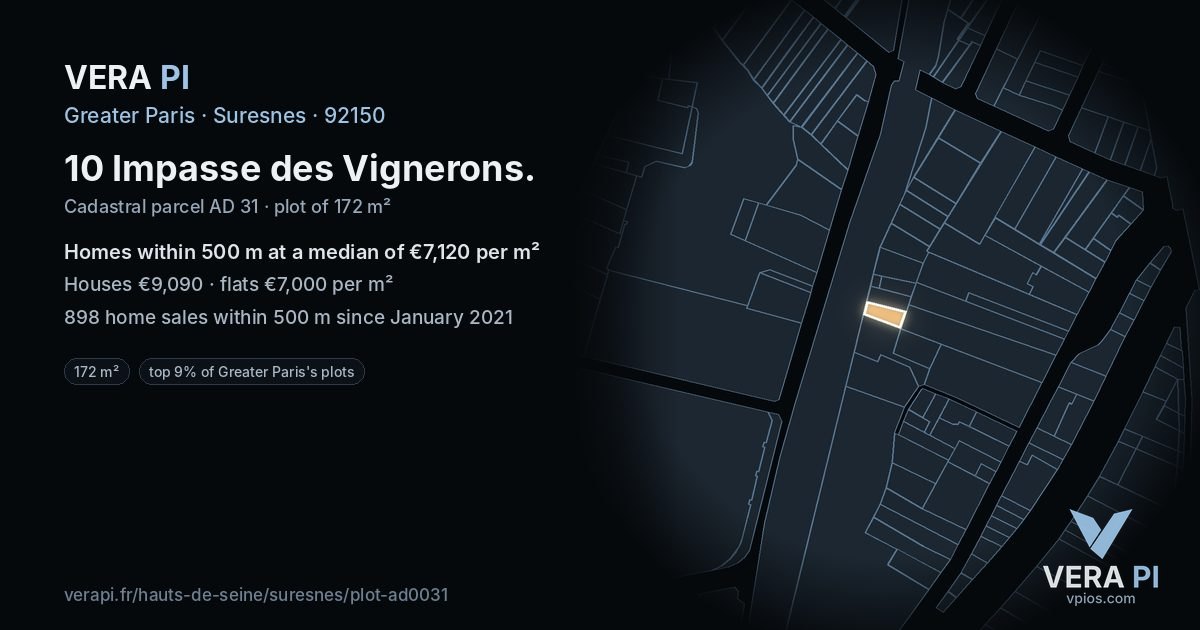 10 Impasse des Vignerons, Suresnes at night – the plot lit, the parcels around coloured by the prices near them
