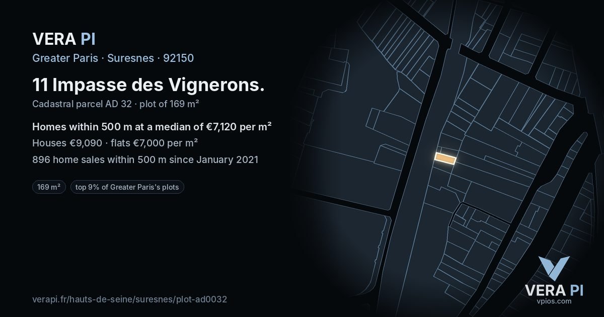 11 Impasse des Vignerons, Suresnes at night – the plot lit, the parcels around coloured by the prices near them