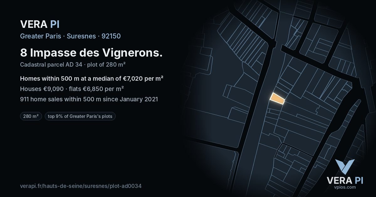 8 Impasse des Vignerons, Suresnes at night – the plot lit, the parcels around coloured by the prices near them