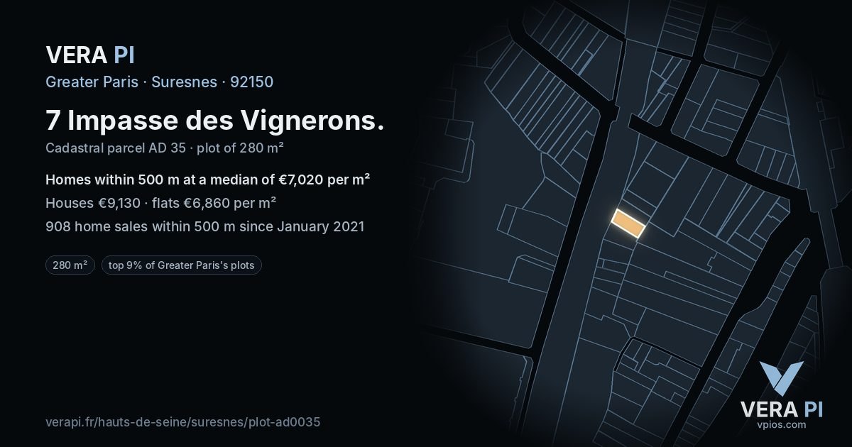 7 Impasse des Vignerons, Suresnes at night – the plot lit, the parcels around coloured by the prices near them