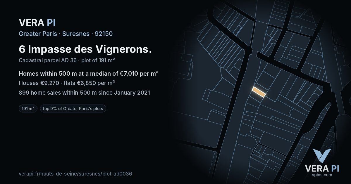 6 Impasse des Vignerons, Suresnes at night – the plot lit, the parcels around coloured by the prices near them