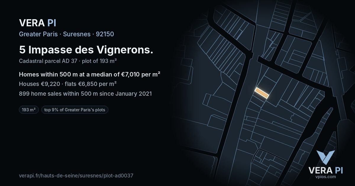 5 Impasse des Vignerons, Suresnes at night – the plot lit, the parcels around coloured by the prices near them