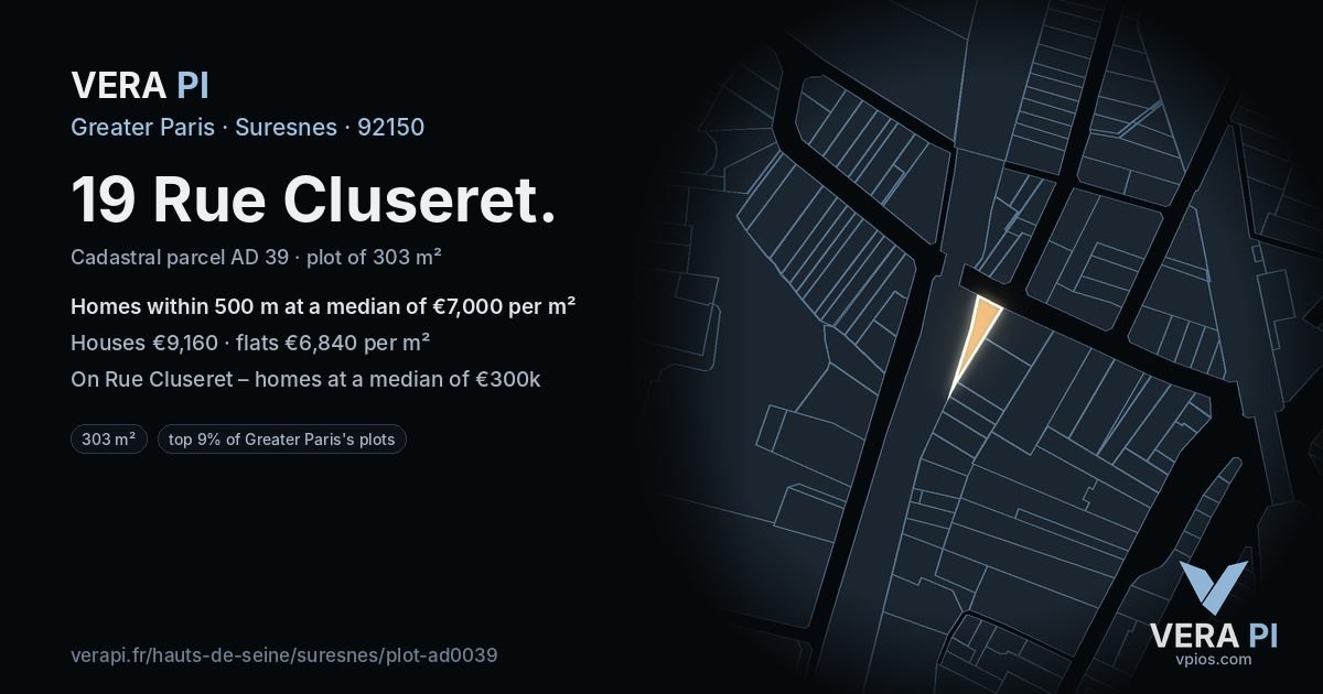 19 Rue Cluseret, Suresnes at night – the plot lit, the parcels around coloured by the prices near them